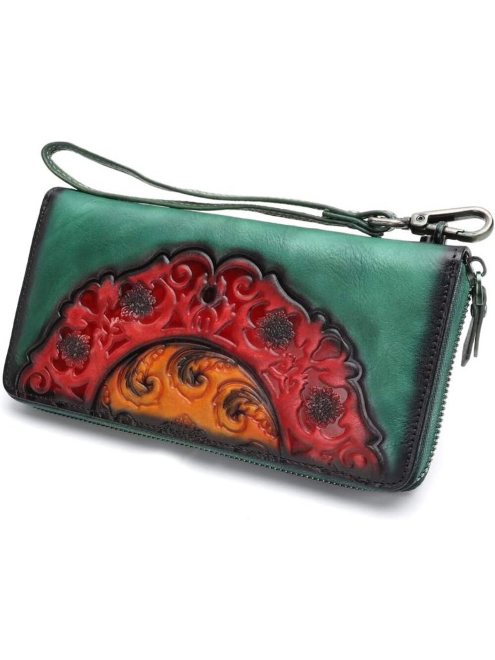 Genuine Leather Long Wallet for Women - Vintage Embossed Cowhide Clutch (Green)